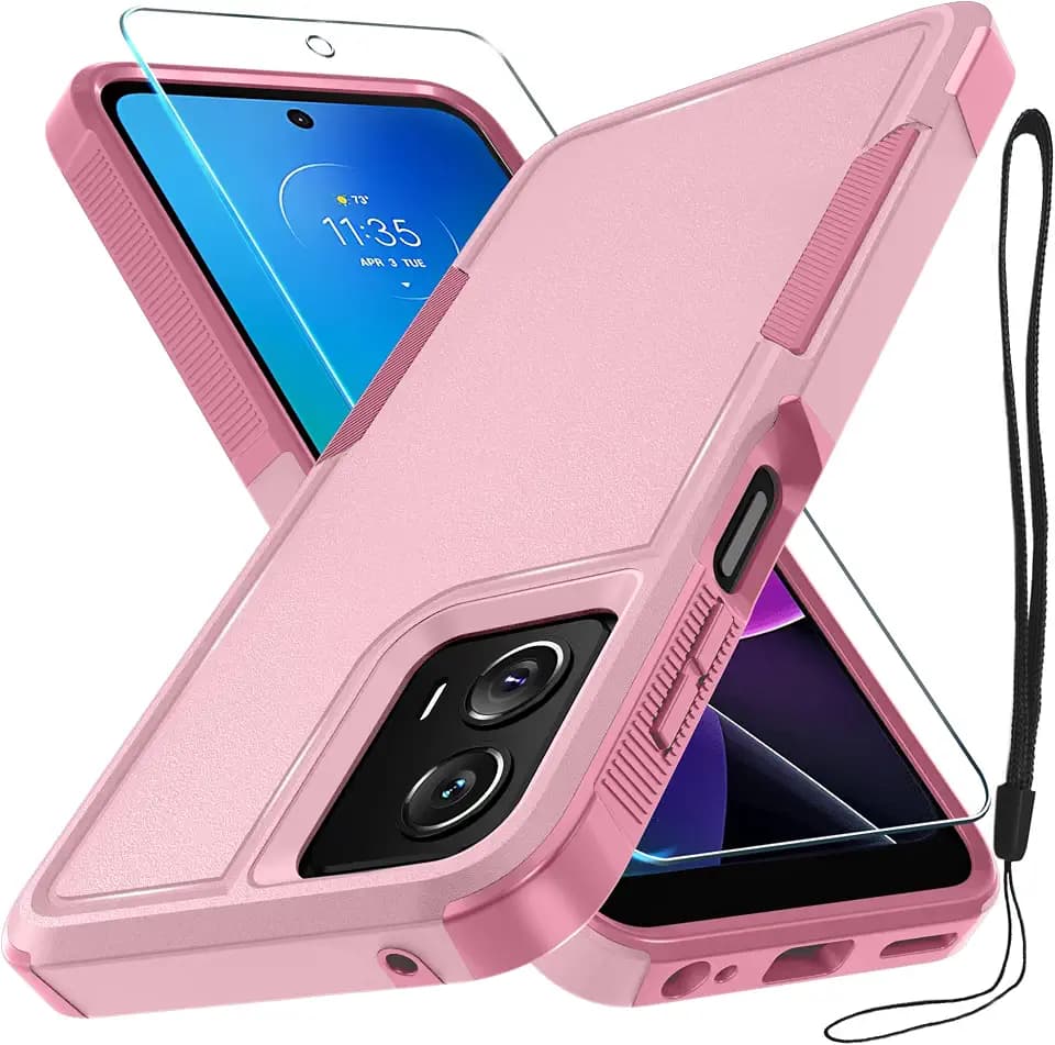 for Motorola Moto G Power 5G 2024 Case, Full Body Heavy Duty Rugged Shockproof Protective Phone Cover with Lanyard Strap, Tempered Glass Screen Protector,Cute Pink