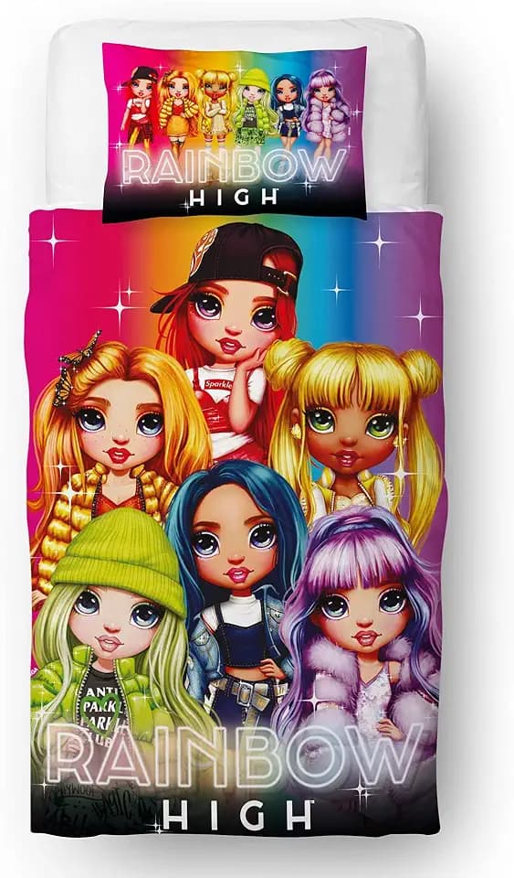 Rainbow High Offizielles Lizenzprodukt für Einzelbett, wendbar, 2-seitig, leuchtendes Regenbogen-Design mit passendem Kissenbezug, weiches und strapazierfähiges Polyester-Baumwollmischgewebe