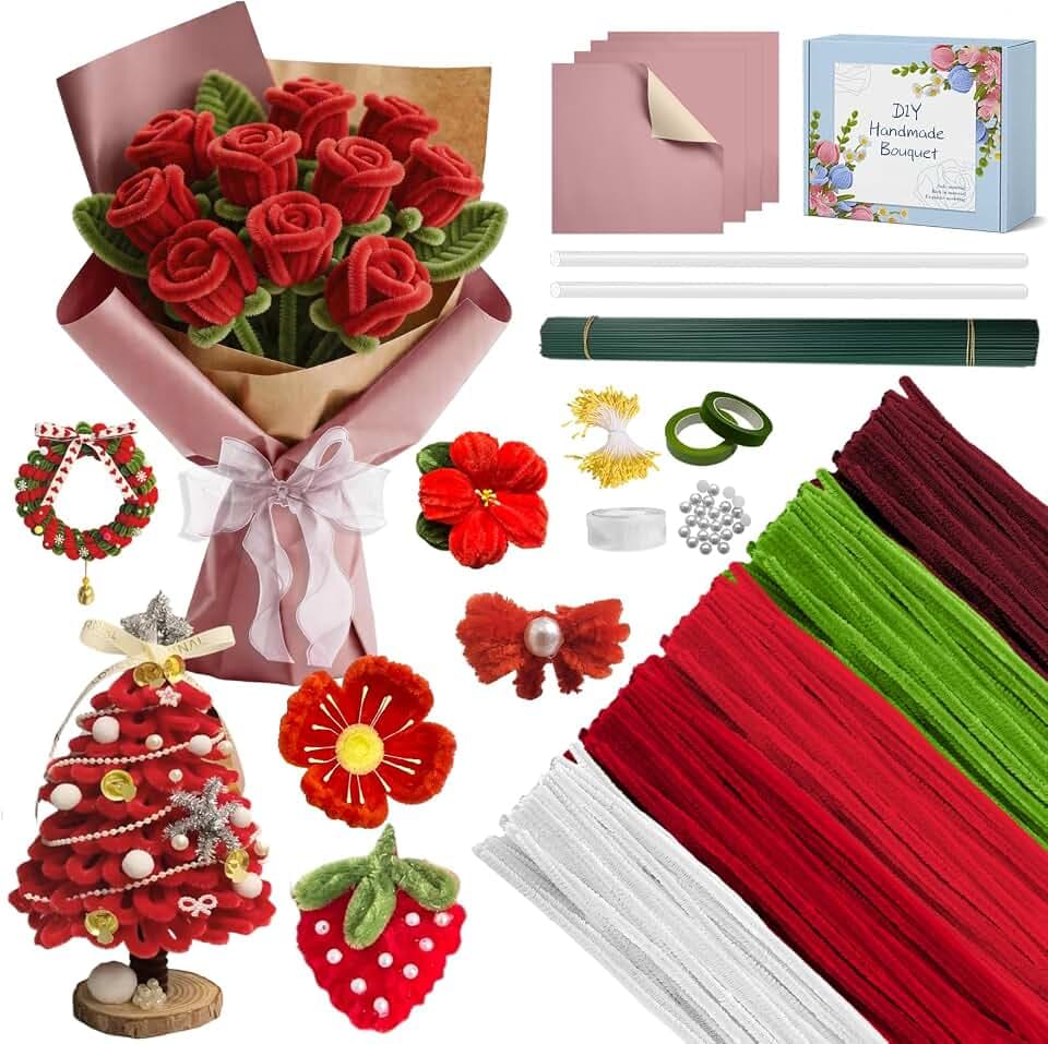 AZEAM 500 Pcs Pipe Cleaners Craft, 5 Colors Red Pipe Cleaner Flower Kit