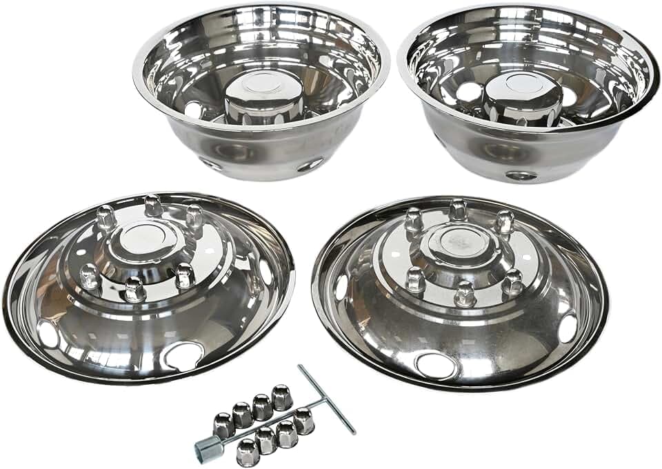 19.5 Inch 8 Lug 5 Vent Hole Stainless Steel Wheel Simulator Set Over-the-Lug Hubcaps Fit for 1999-2002 Ford F450 F550