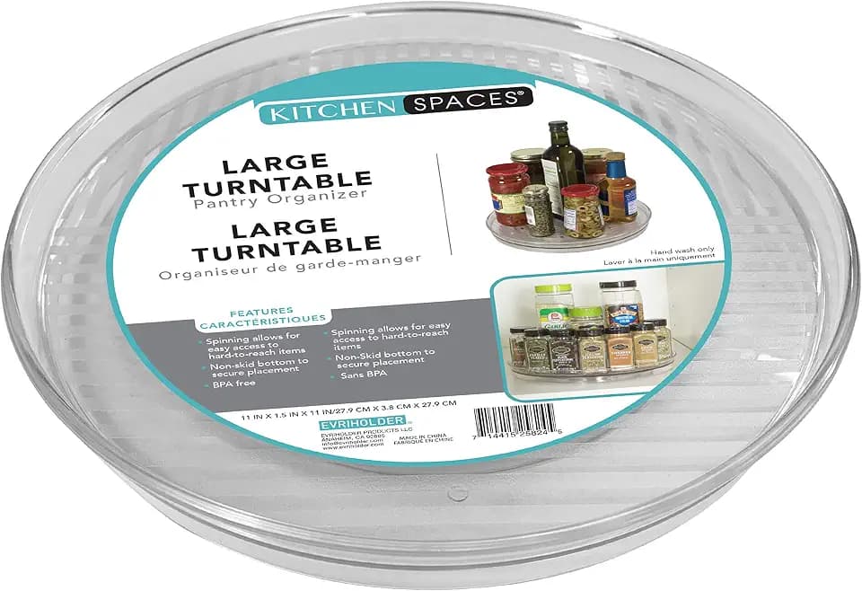 Kitchen Spaces Large Lazy Susan Turntable Organizer, Easy Reach Deep Cabinet Shelf Storage for Kitchen and Pantry Items, Great for Under the Sink, Clear and Sturdy with Full Spin