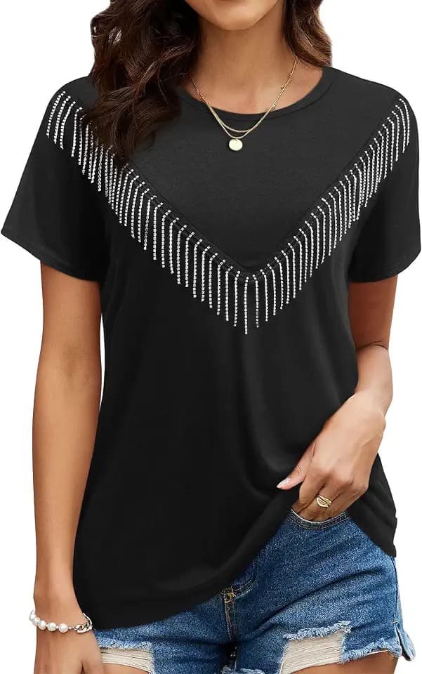 Nlife Women's Sparkly V Fringe Western Concert T-Shirt Cowgirl Glitter Tops