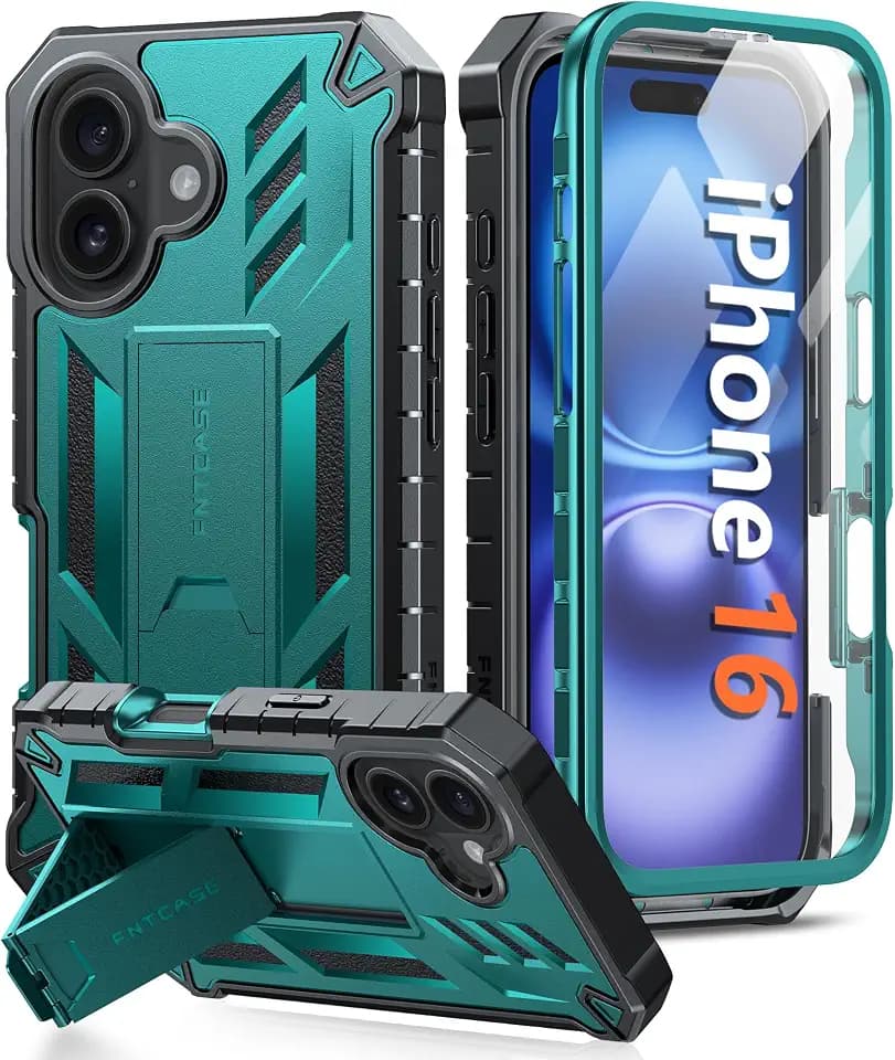 FNTCASE for iPhone 16 Case, with Built-in Screen Protector, with Kickstand