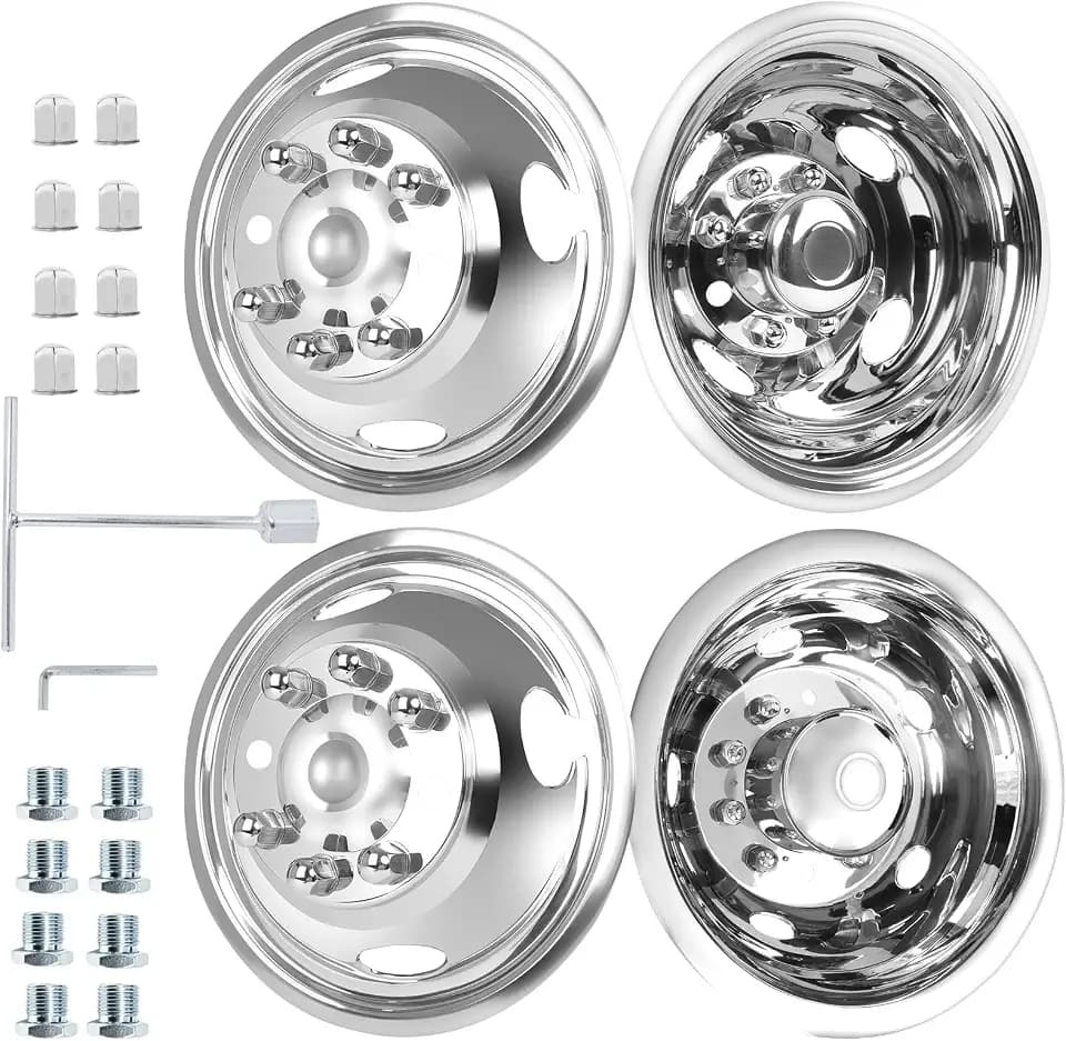 hightall 16 Wheel Simulators, 16" 8 Lug Stainless Steel RV Hubcaps,Polished Surface,2Pcs Front Wheel/2Pcs Rear Wheel,Bolts On Wheel Cover Set Compatible with Ford 2008-2025 E-350/E450 Dual Rear Wheel