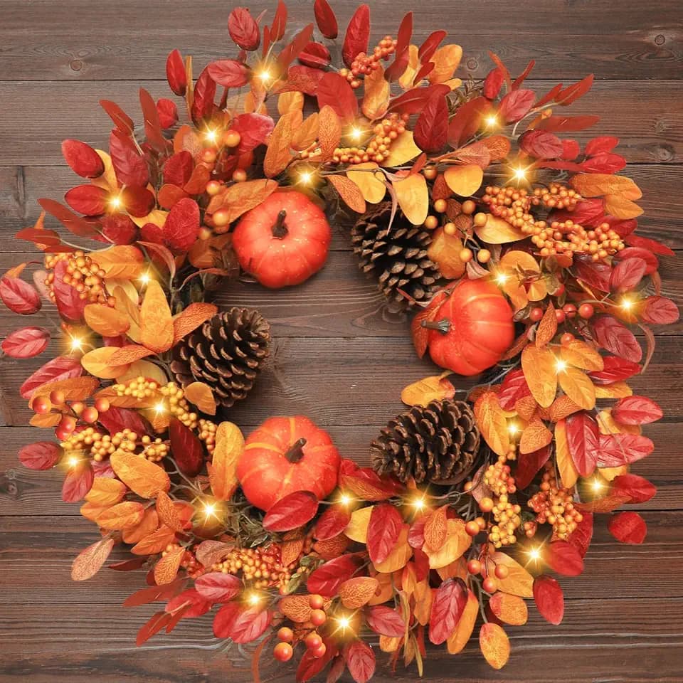 26 Inch Large Foldable Fall Wreath for Front Door with Lights & Timer, Autumn Pumpkin Wreaths Eucalyptus Leaves Pinecones Berries for Porch Outdoor Indoor Thanksgiving Decorations Outdoor Indoor Decor