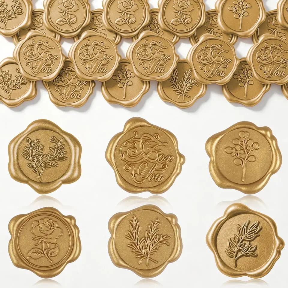 Phinus 30 Pack Wax Seal Stickers, 6 Styles Antique Gold Self Adhesive Wax Seal Stickers, Perfect for Weddings, Invitations, Envelopes, Greeting Cards, Vintage and Exquisite