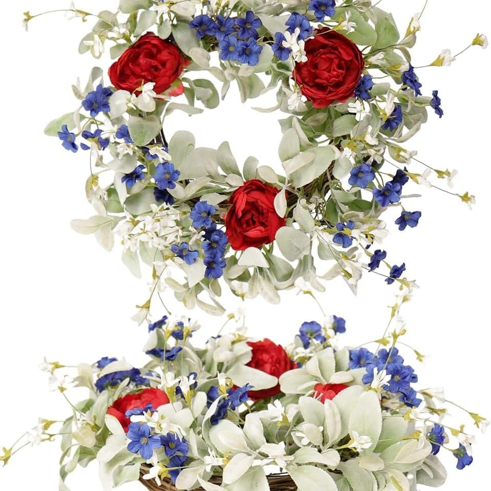 Memorial Day Patriotic Americana Wreath 22 Inch with Peony - Red White Blue Floral Grapevine Wreath for Front Door, Independence Day Home Décor