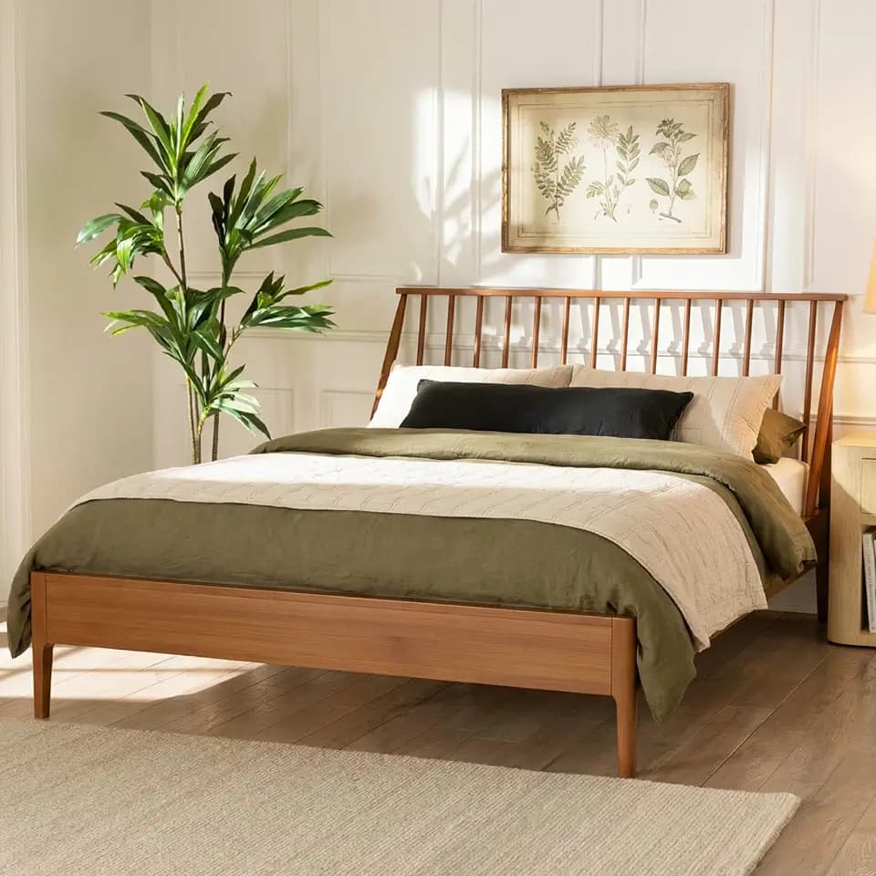 Merax Queen Size Solid Bamboo Wood Spindle Platform Bed with 46.5" Tall Headboard, Bohemian Bed Frame with Wooden Slats and Metal Support, Mid-Century Modern Style,No Box Spring Needed, Brown