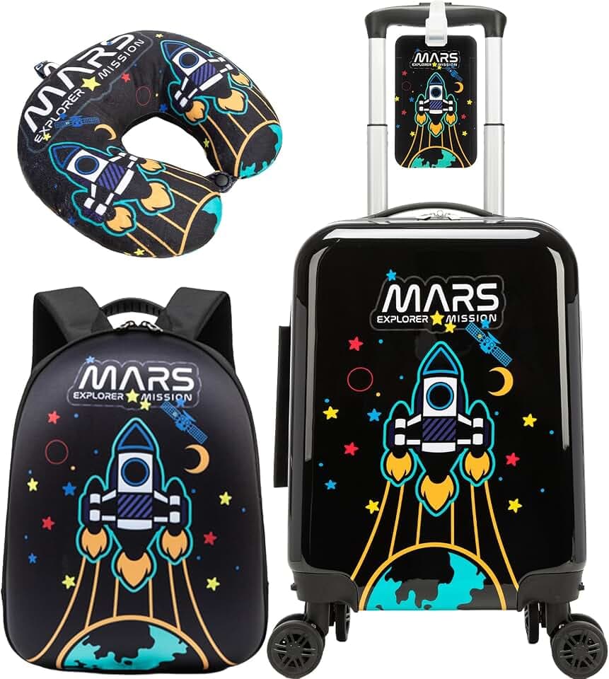Kids Luggage with Spinner Wheels Set, 16inch Kids Rocket Suitcase, Carry on Luggage Hardside Boys and U shaped Pillow, Toddler Rolling Suitcase for Travel, Airline Approved