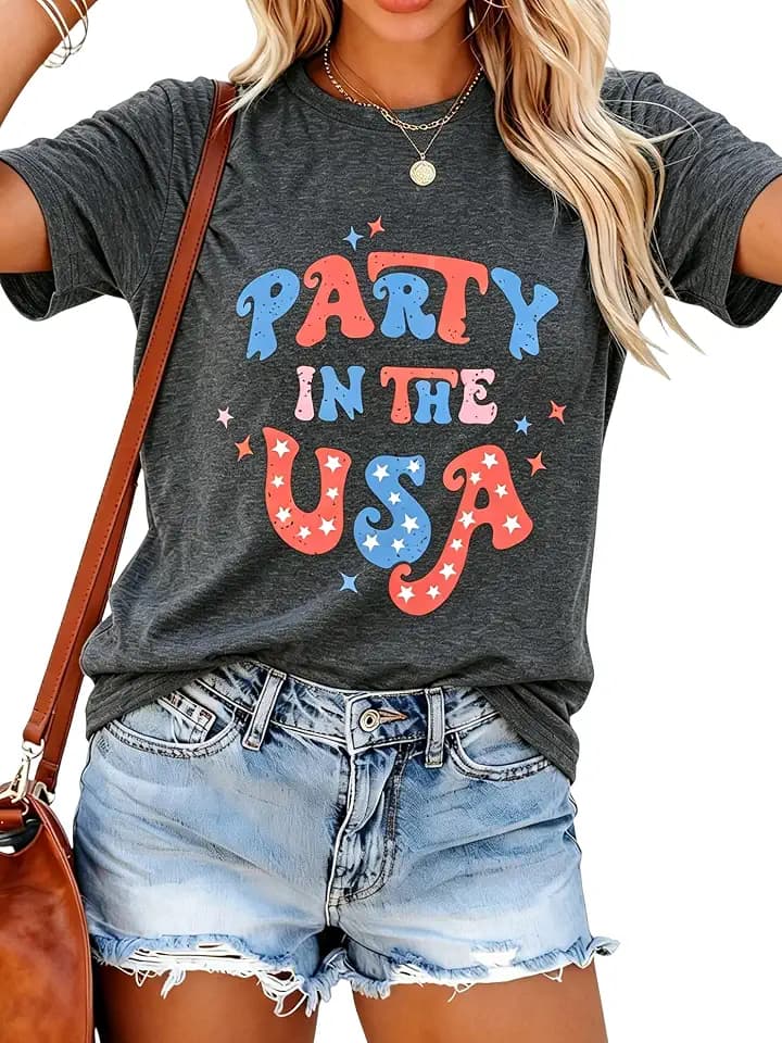 Party in The USA T-Shirt Women 4th of July Independence Day Shirts Funny Patriontic Graphic Short Sleeve Tee Tops