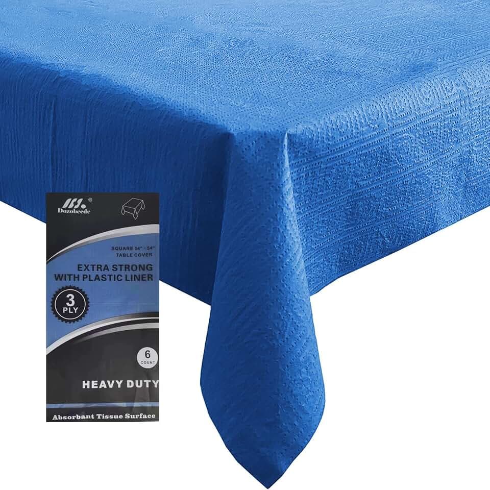 [6 Pack] Blue Square Tablecloths 54x54 Inch, Disposable Paper Table Cloth for Square and Round Tables, Waterproof 3-Ply Paper & Plastic Table Cover for Holiday Party Labor Day Graduation