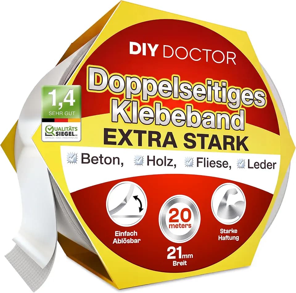 DIY Doctor Doppelseitiges Klebeband Extra Stark & Extra Lang, 20 m Rolle