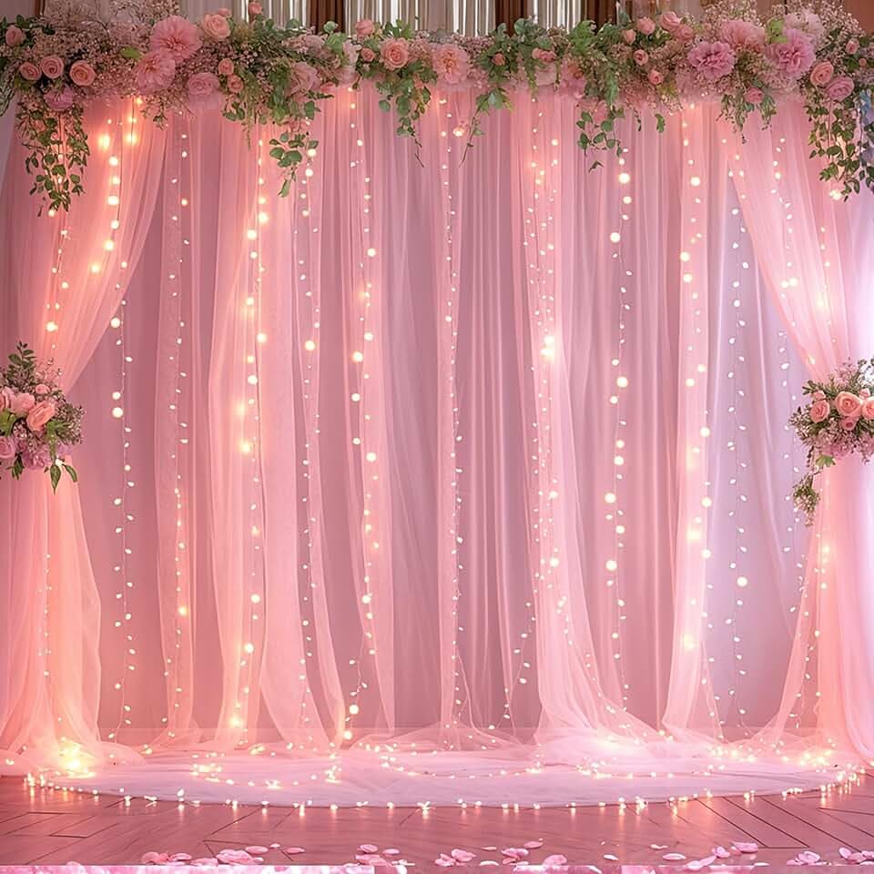 10ft x 10ft Pink Tulle Photo Backdrop Curtain with Lights String for Parties Wedding Sheer Baby Pink Curtain Backdrop for Birthday Party Baby Shower Photo Booth Photography Background Decorations