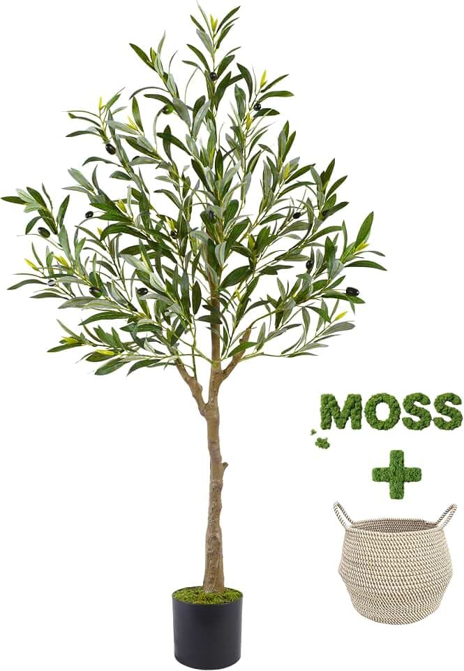 Warmplants Artificial Olive Tree 4ft Faux Plant with Woven Basket