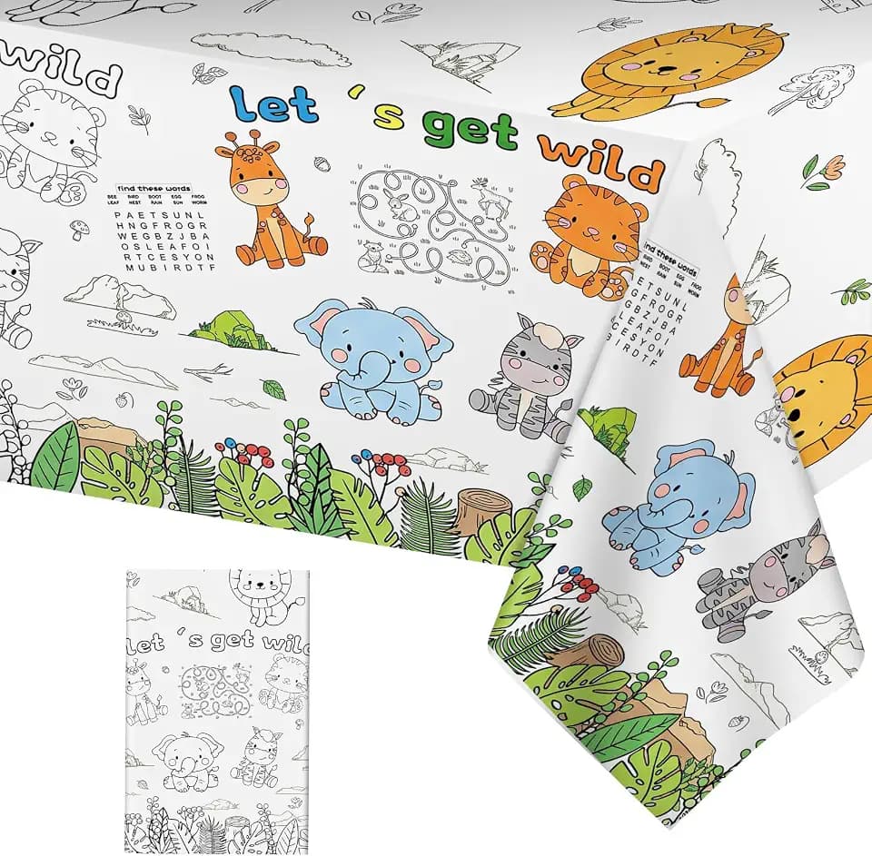 Litmitfu Safari Jungle Coloring Tablecloth for Kids - Large Coloring Poster Craft, Zoo Themed Painting Activity Table Cover for Jungle Animal Birthday Party Decorations Favors, 108 x 54 Inch