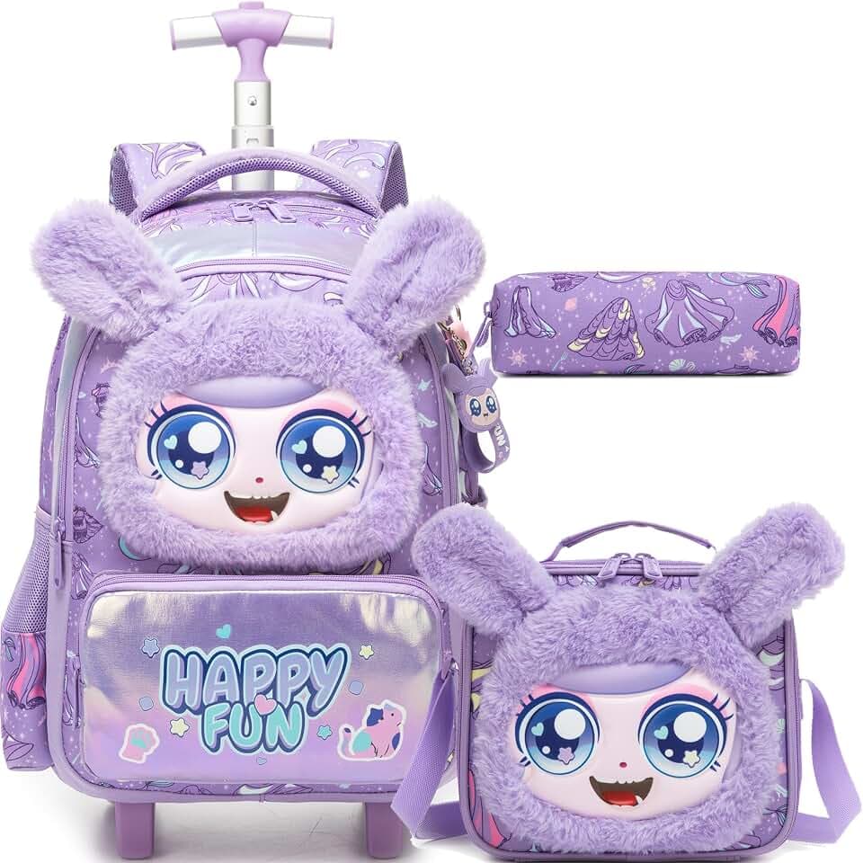 Meetbelify Rolling Backpack for Girls Backpacks with Wheels for Elementary Student Kids School Travel Bag for Girls Ages 6-8 Years Old Purple