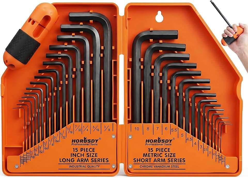 HORUSDY 32-Piece Allen Wrenches Sets with Another Torque Handle, Metric (0.7mm-10mm) & SAE (0.028"-3/8) Hex Key Set for Home Repair, Automotive, Bicycle, Furniture & DIY Projects