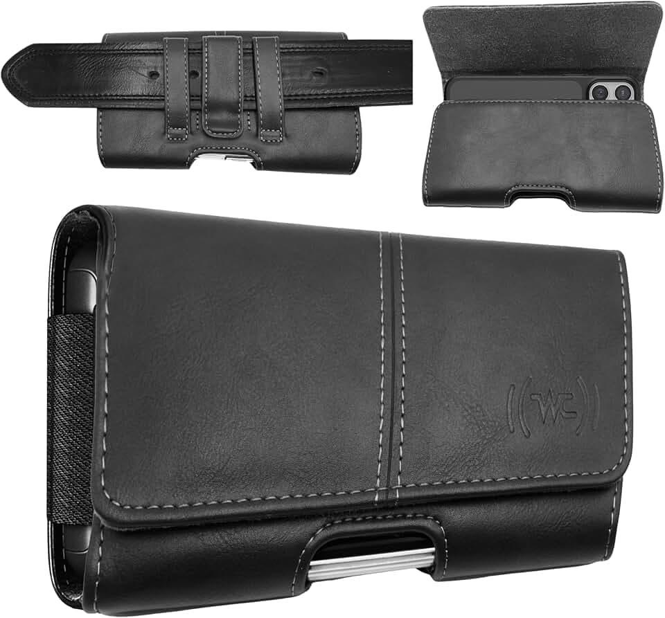 Leather Phone Holster for Men, Belt Holder for iPhone, Black, Large
