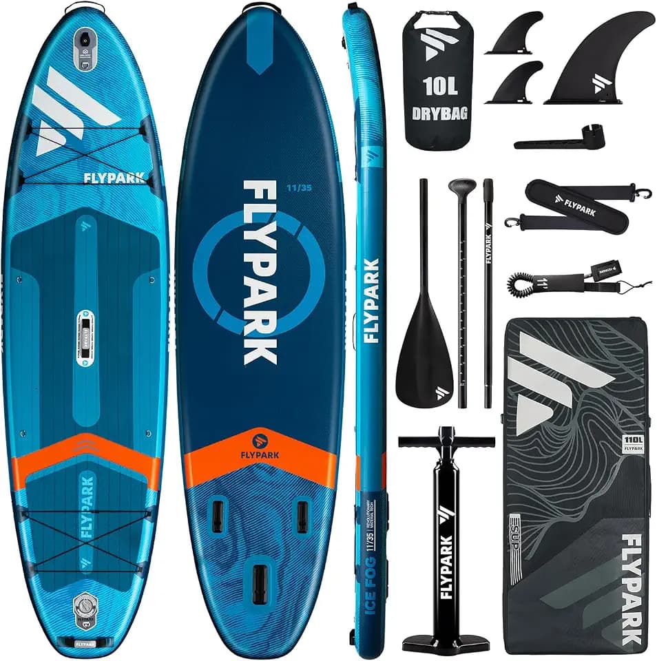 Flypark 10'8/11'x35'' Fishing&Family Stable Inflatable Paddle Boards, Extra Wide SUP Paddleboard Inflatable, 430lb/3 People, Stand Up Paddle Board for Adults, Camera Mount, Shoulder Strap, Rod Holder