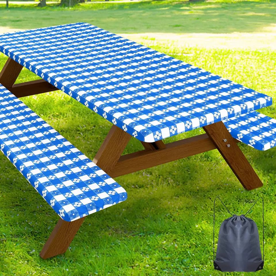 Smiry Picnic Table Cover with Bench Covers, Waterproof Elastic Fitted Tablecloth for 6 Foot Tables, Washable Polyester Tablecloths for Camping, Indoor & Outdoor (Blue & White, 30x72 Inch 3-pc Set)