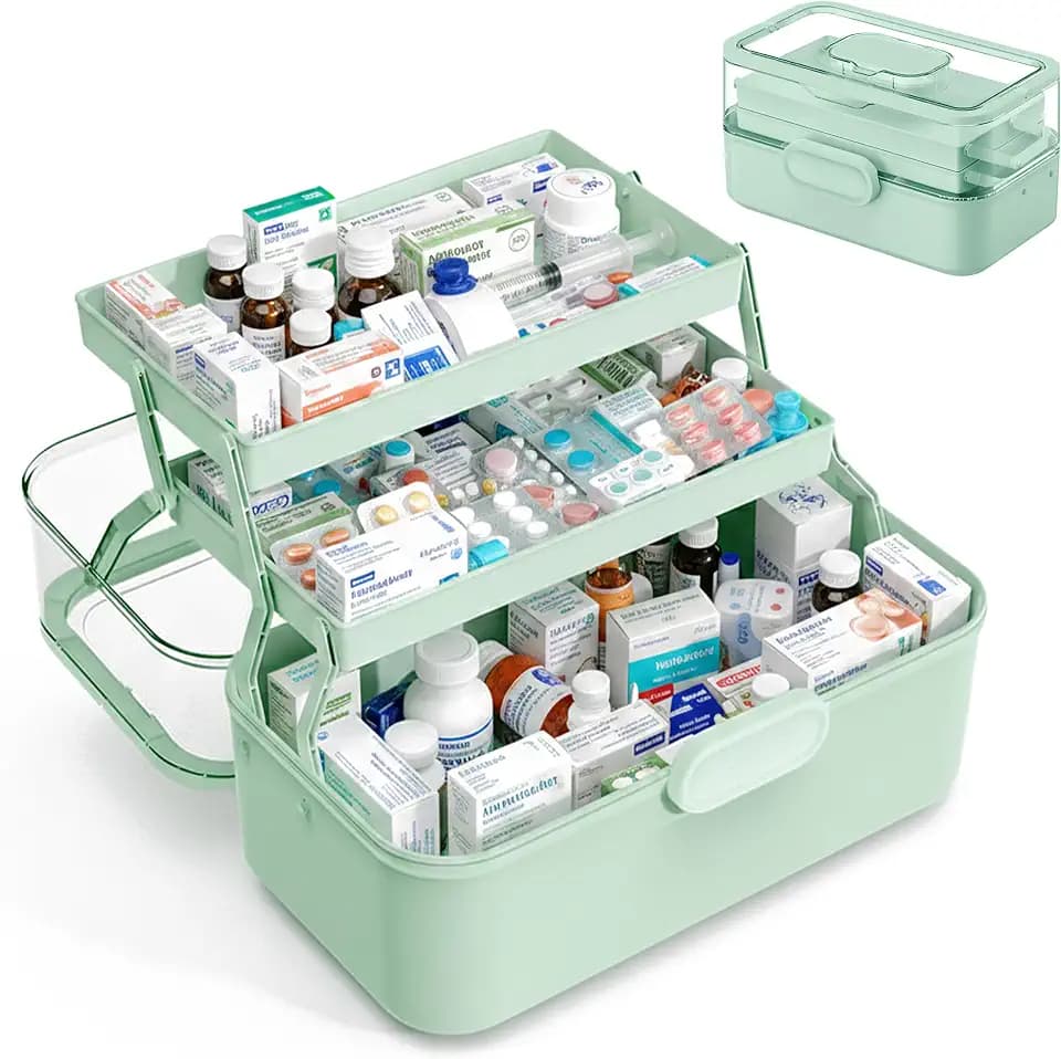 Relaxdays Medizinbox, 3 Ebenen, Pillenfach, aufklappbar, grün