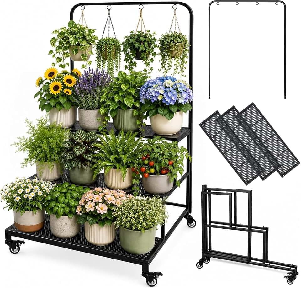 Qidejoy 3 Tiered Outdoor Plant Shelf, Folding Plant Stand, Easy Assembly