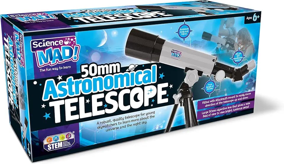 Science Mad 50 mm Astronomisches Teleskop für Kinder – Lernen Sie Astronomie und das Universum mit Spaß – mit tragbarem 50-mm-Objektiv, Stativ und Halterung, 18-facher und 90-facher Vergrößerung, ab 6