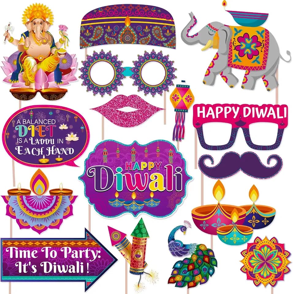 Happy Diwali Decorations Photo Booth Props Kit - Diwali Photo Booth Props for Festival of Lights Party Hindu Party Supplies