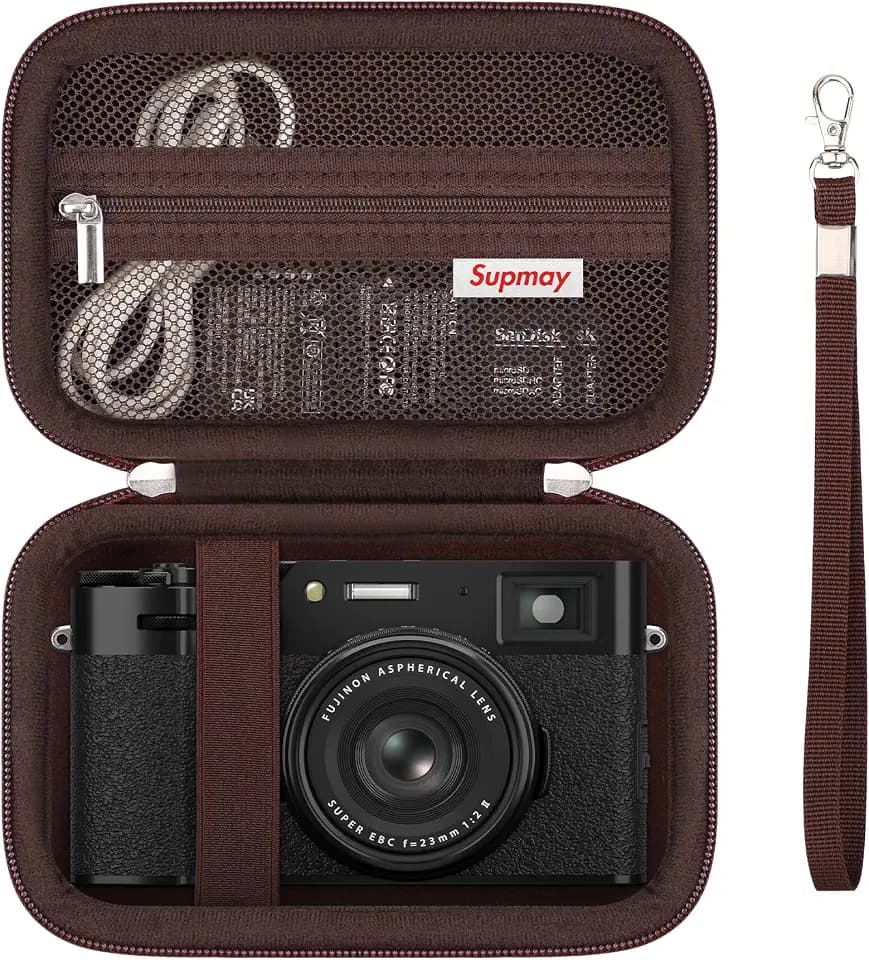 Kamera Fall für Fujifilm X100VI / X100V / X100F / X100S / X-E5 Digitalkamera, Digitalkamera-Speicherhülle mit Mesh-Tasche für Batterien, SD-Karte, USB-Kabel, Braun