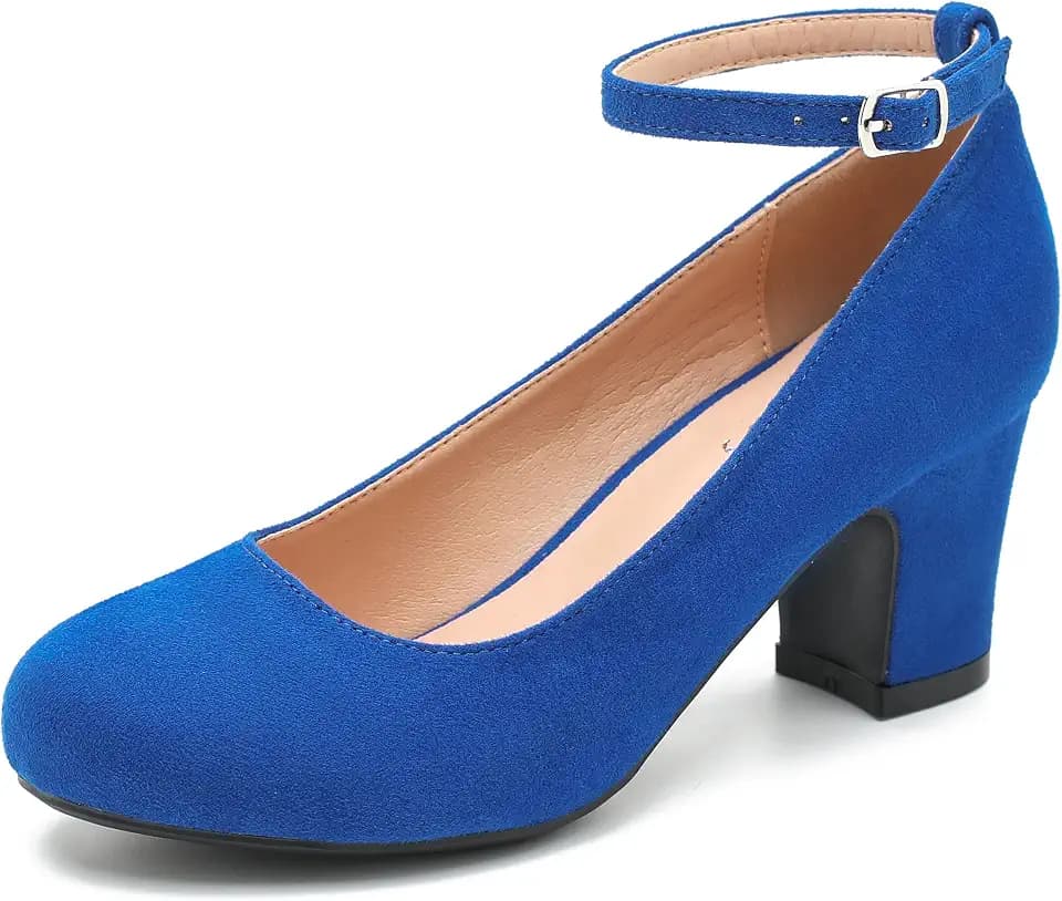 Women's Ankle Strap Low Block Chunky Heels Pumps Closed Round Toe Dress Wedding Office Work Church Shoes