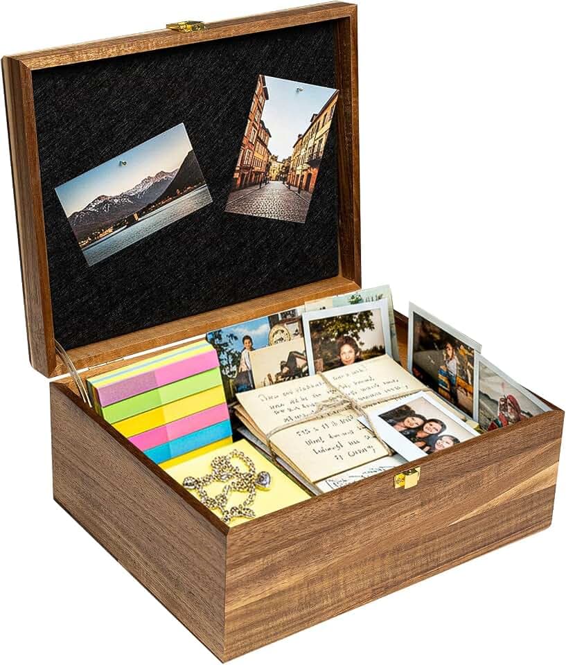 Keepsake Box – Acacia Keepsake Memory Box with Hinged Lid, Tree of Life Engraving, Large Acacia Wood Box 11"x8.6"x5", Felt Photo Board, Secure Latch – Storage for Photos, Letters, Crafts & Gift Giving
