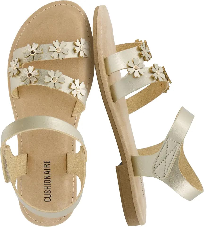 CUSHIONAIRE Cleo Girls Sandals, Flower Strap Dress Style Girls Dress Shoes with Cushioned Footbed and Adjustable Ankle Strap
