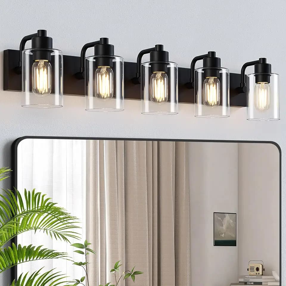Dpyrrhic Matte Black Bathroom Light Fixtures,5-Light Bathroom Lights Over Mirror with Clear Glass Shade,Wall Sconces for Bathroom, Bedroom, Hallway