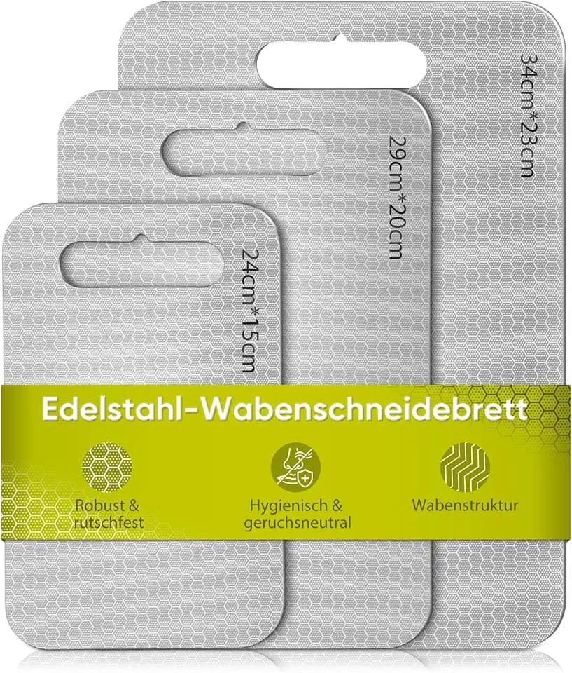 3PCS Edelstahl Schneidebrett mit Titanium – Wabenförmige & glatte Doppelseite, antibakteriell, BPA-frei. Inkl. S/M/L Größen
