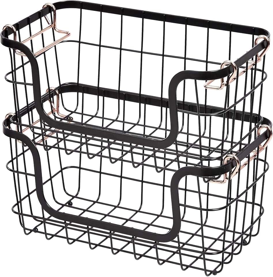 Amazon Basics Aufbewahrungskörbe aus Metall,Rechteckig für Küche oder Badezimmer, stapelbar, 2 Stück, 1er-Pack, Schwarz