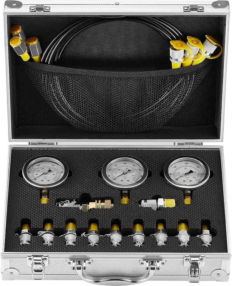 VEVOR Hydraulikdruck-Testset, 250/400 / 600 bar, 3 Messgeräte, 11 Prüfkupplungen, 3 Prüfschläuche, Bagger-Hydraulik-Testmessgeräte-Set mit Tragbarer Tragetasche für Bagger, Traktoren, Baumaschinen