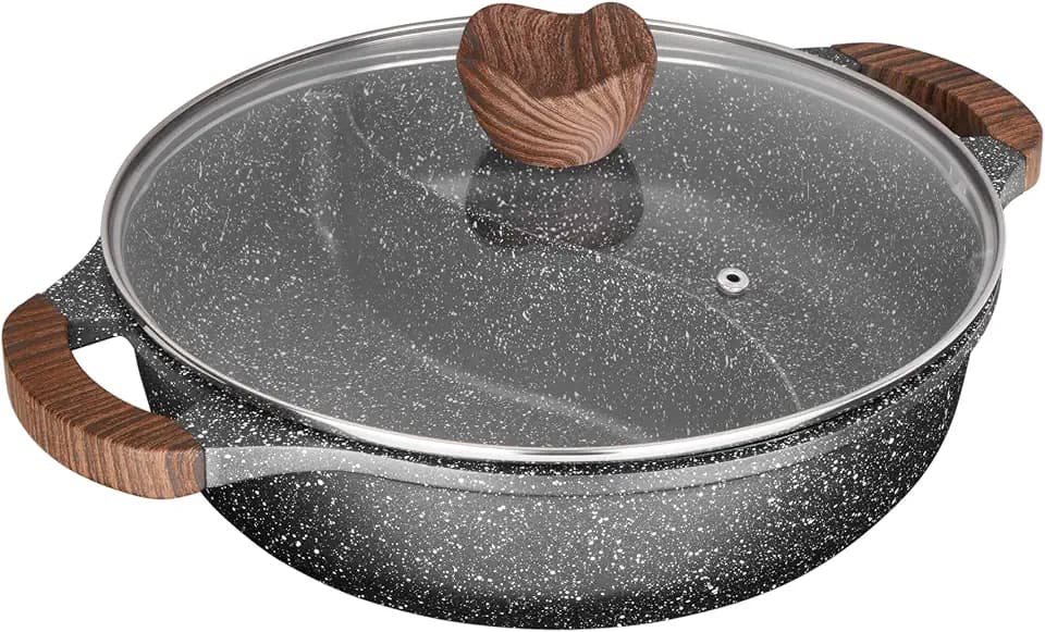 Sitram 716948 Schmorpfanne mit 2 Fächern, Ø 28 cm, Aluguss, Antihaftbeschichtung, ohne PFOA, Steinoptik, Shabu-Topf mit Glasdeckel, für alle Herdarten, auch Induktion