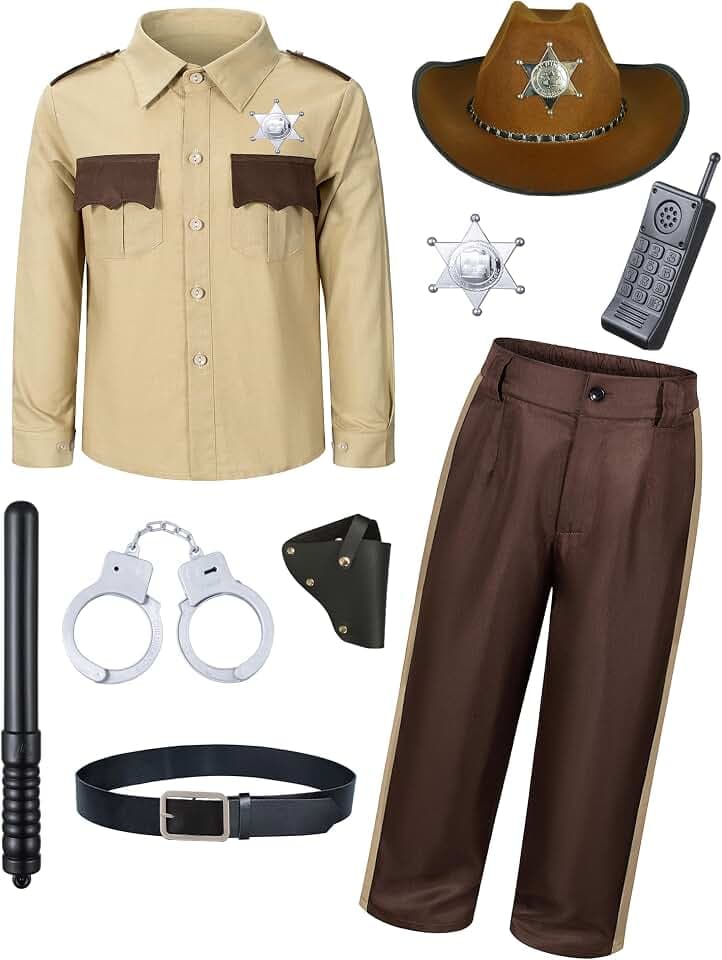 Kids Western Sheriff Police Costume for Boys Cowboy Uniform with Accessories Halloween Party Cosplay 3-13 Years
