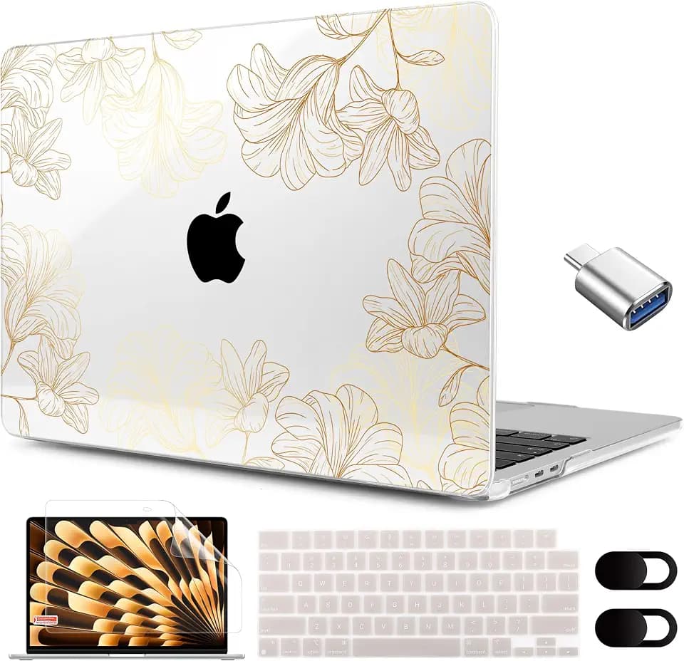 MEEgoodo for M5/M4/M3/M2 MacBook Air 15 inch Case 2026 2025 2024 2023, Case Fit Model (A3448/A3241/A3114/A2941) for MacBook Air 15.3 inch, Drawn Golden Floral