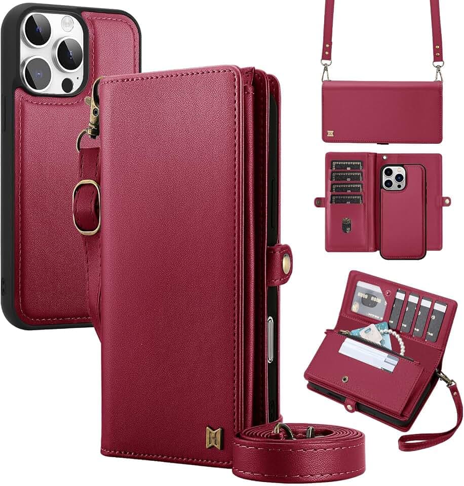 for Wallet Case Compatible with iPhone 13 Pro Max,Multi-Function Detachable 2 in 1 Magnetic iPhone 13 Pro Max Case Wallet,Flip Strap Zipper Card Holder Phone Case with Shoulder Straps (Red)