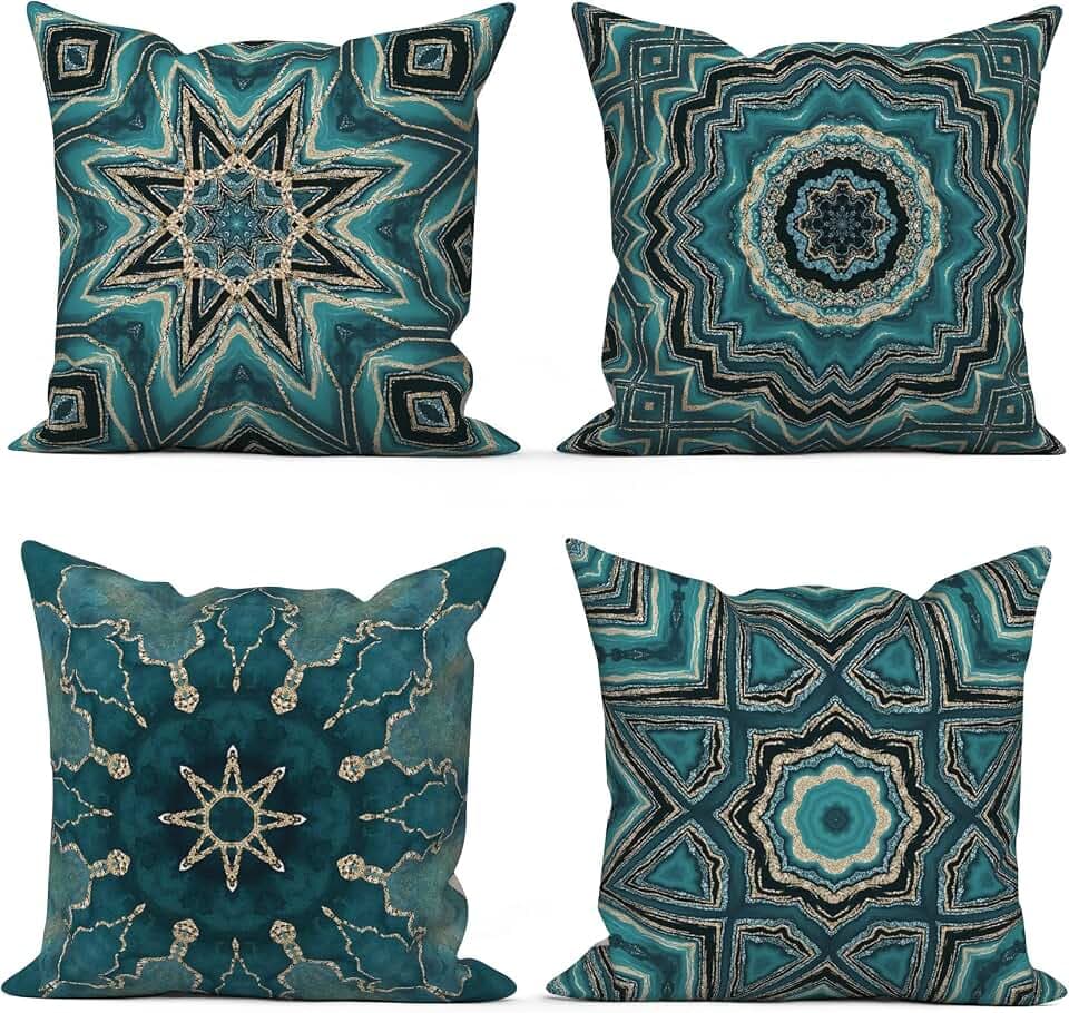 Kissenbezug Boho 40x40 cm 4er Set, Retro Geometrische Muster Blau Gold Sofa Dekokissen Kissenbezüge Kissenhülle Waschbar Polyester Flachs Textil Outdoor Polster Kopfkissenbezug Kissen Bezug