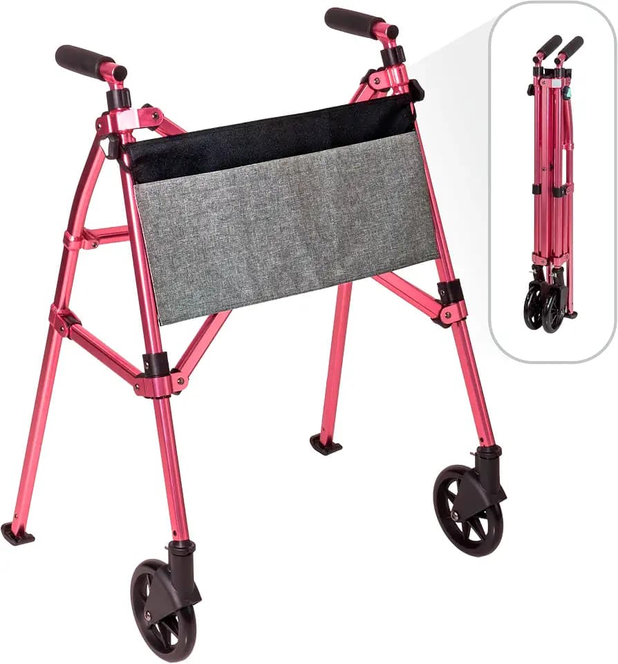 Stander Wonder Walker Plus, Lightweight Folding Mobility Aid for Adults, Seniors, and Elderly, Collapsible Travel EZ Fold-N-Go with Wheels, Glides, & Basket, Regal Rose