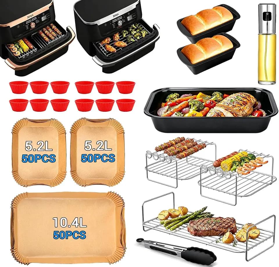 Airfryer Zubehör für Ninja Foodi FlexDrawer Dual Zone AF500EU 10.4L | Heißluftfritteuse Zubehör für COSORI Dual Blaze TwinFry 10L TF102S, mit Grillrost #304 Edelstahl, Backpapier, Backblech
