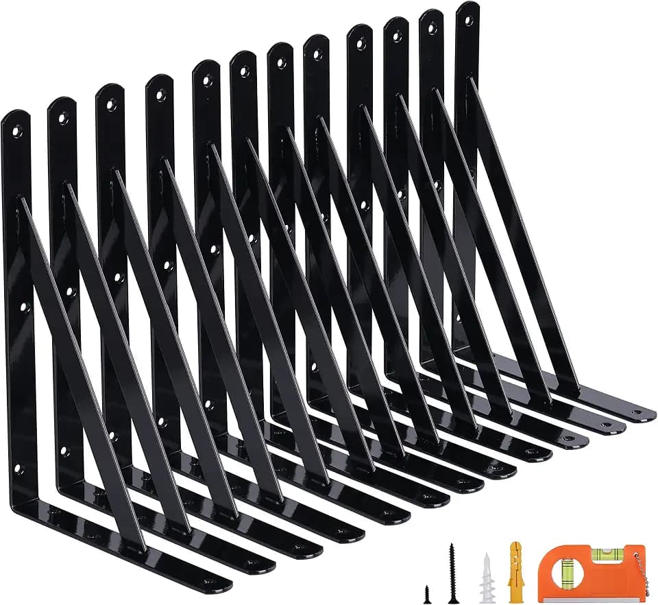 NEODROP 12-Pack 8 Inch Heavy Duty Shelf Brackets, Large Wall Bracket for Floating Shelves, Black Powder-Coated Steel,