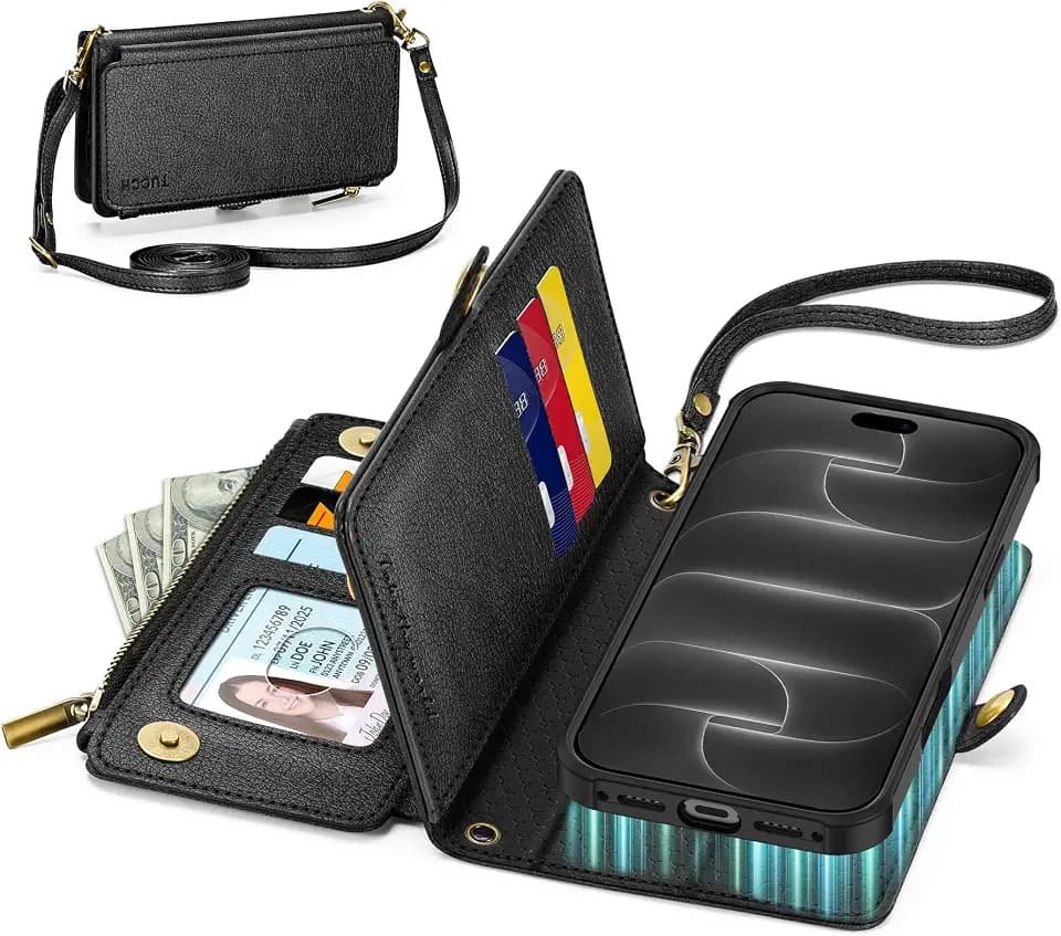 TUCCH Crossbody Wallet Case for iPhone 18 Pro/17 Pro (6.3"), Textured Black