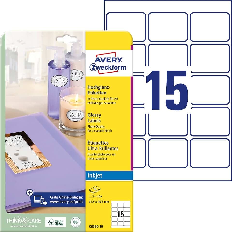 AVERY Zweckform C6080-10 Hochglanz-Etiketten (150 Glossy Aufkleber, 63,5x46,6mm auf A4, selbstklebend, bedruckbar, hochglänzendes Papier zur Produktkennzeichnung, für Inkjet-Drucker) 10 Blatt, weiß
