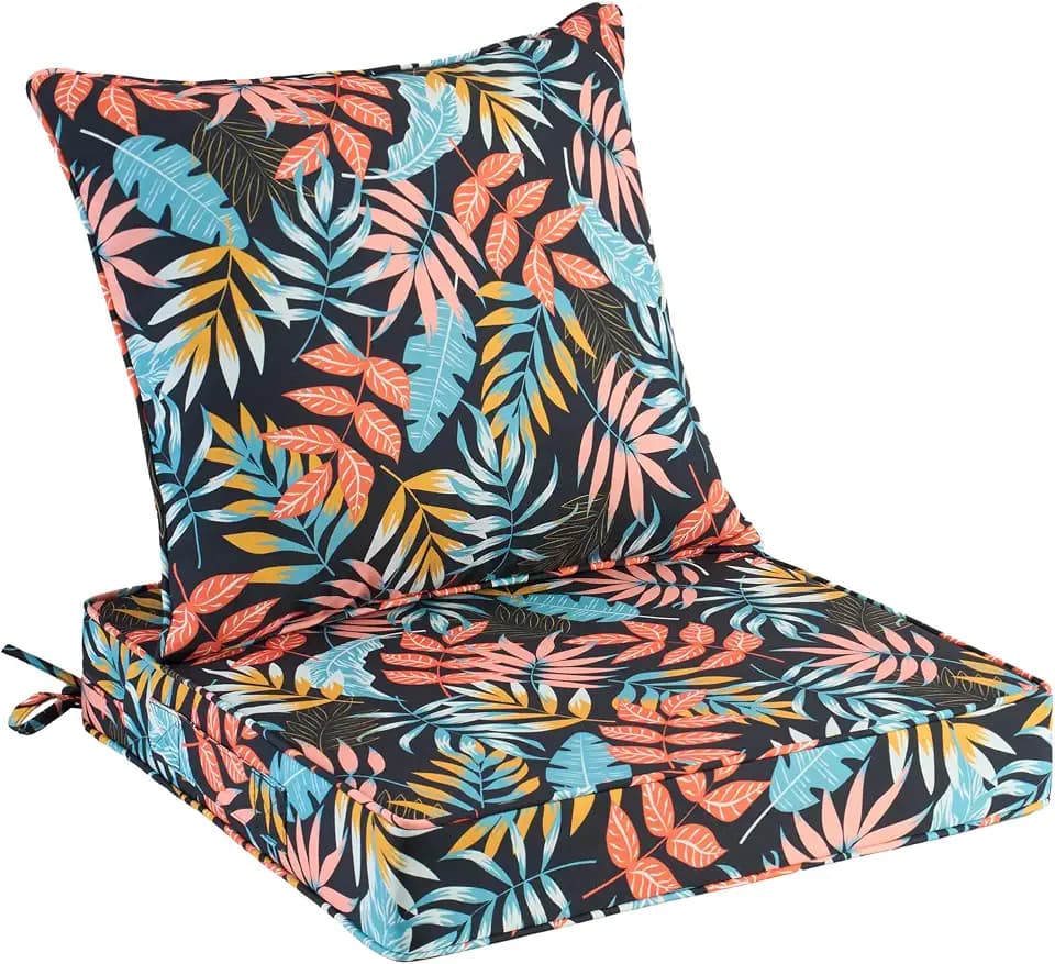 UNIKOME 19"x19"x3" Outdoor Chair Cushions Set - Waterproof Patio Cushions for Outdoor Furniture with Removable Cover, Ties & Handle, Deep Seat Patio Cushions for Sofa Couch - Dark Leaves