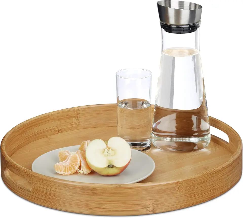 Relaxdays Serviertablett Bambus rund, erhöhter Rand, Gastrotablett, Grifflöcher, HxBxT: 5 x 38,5 x 38,5 cm, Holz, natur