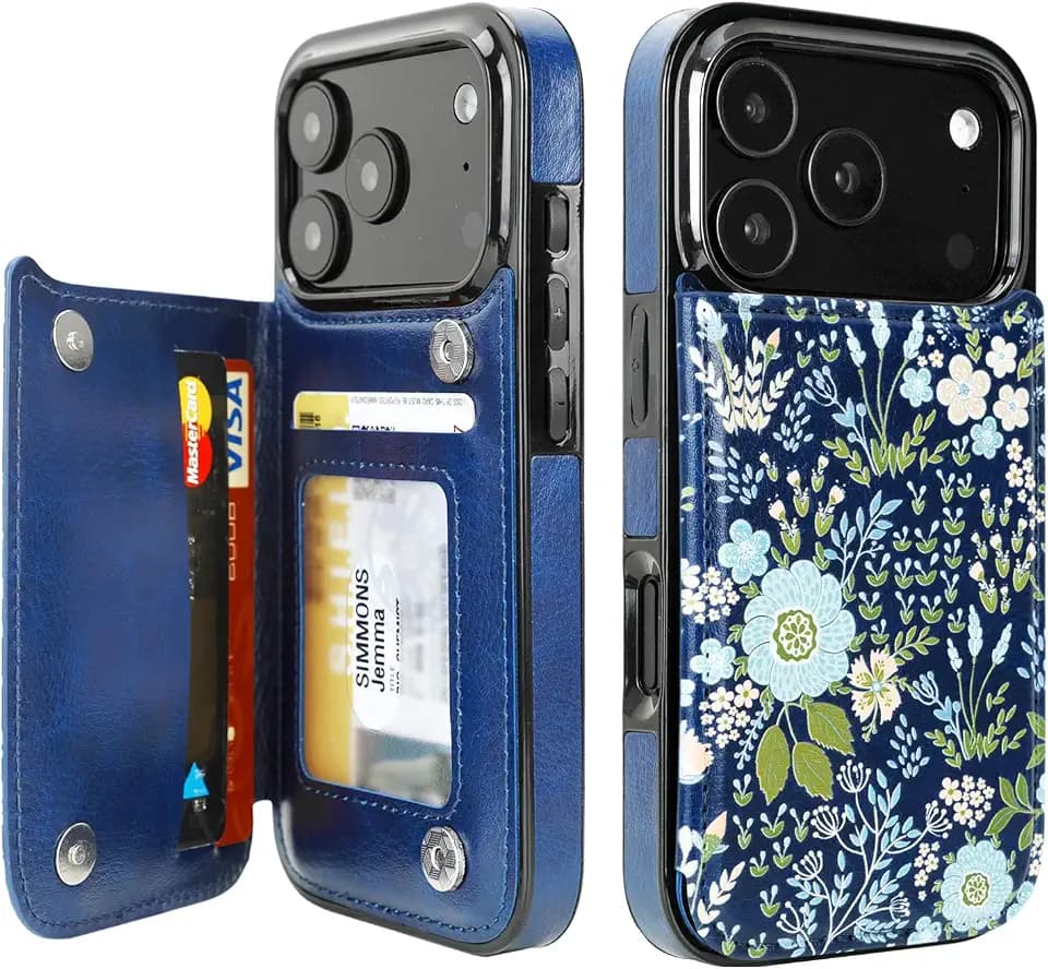 uCOLOR for iPhone 17/18 Pro Wallet Case Flip Blue Daisy