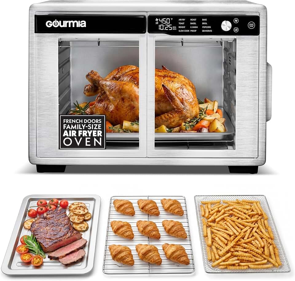 Gourmia French Door Digital Air Fryer Oven - XL 25QT Capacity, 12 Presets, FryForce 360° Tech, Dehydrate, Proof, Slow Cook, Fits 13” Pizza, 1700W, Stainless Steel